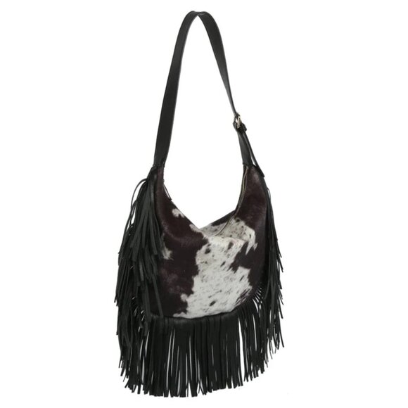 NWT Black Faux Suede Cow Print Fringe Hobo Bag - Picture 3 of 4